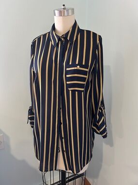 Primary Striped Navy and Yellow Button-Up Blouse size 6